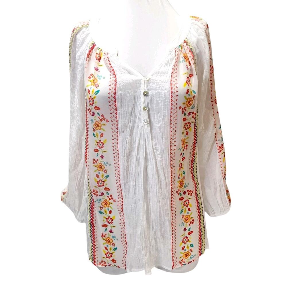 Anthropologie Fig & Flower Top White Sheer Floral Embroidered Boho Cottage Large